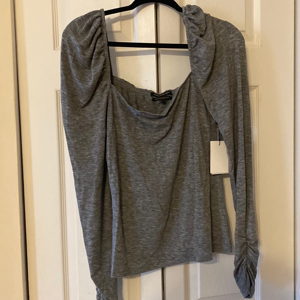 Grey blouse with puffy shoulders, scrunched styled sleeves